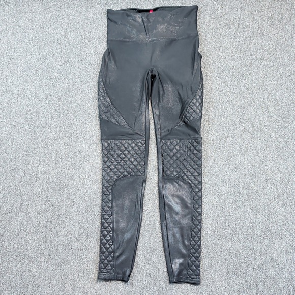 Spanx Moto Faux Leather Leggings M Black Quilted High Waisted Shaping Slimming — photo 2